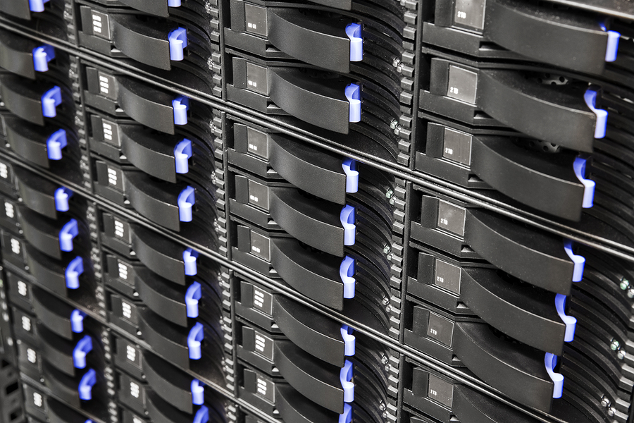 Storage array network with hard drives in a enterprise datacenter. Data backup.